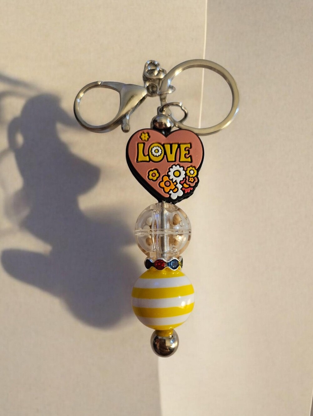 LOVE Heart Charm Keychain with Yellow Striped Bead